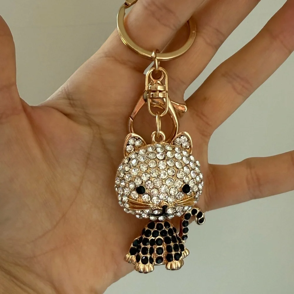 Gold and Clear Crystal Cat Keychain